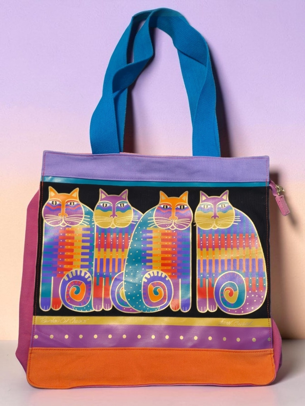 Laurel Burch Multicolor Cat Canvas Tote - Teal Handles, Orange/Purple Trim